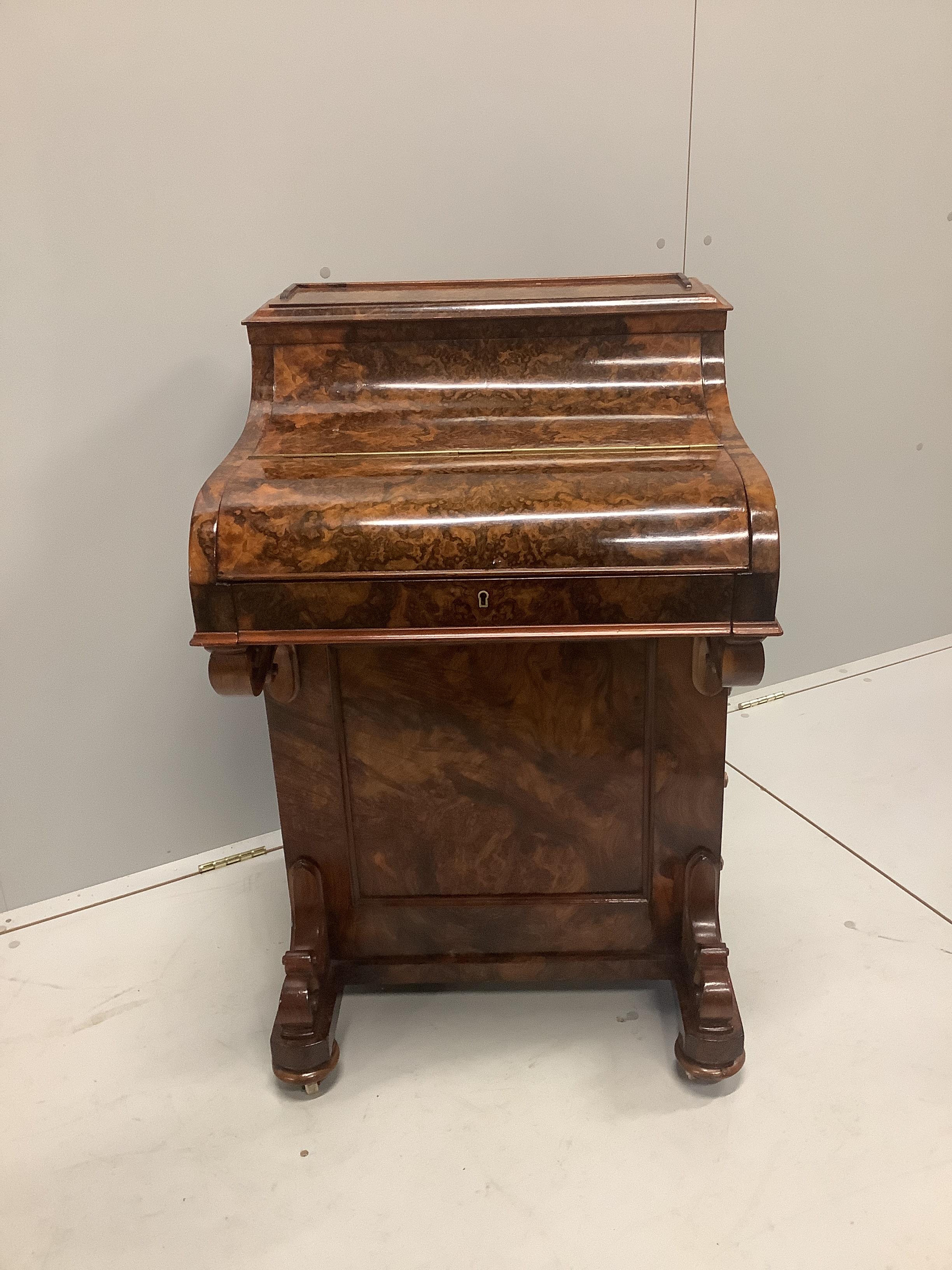 A Victorian burr walnut piano top pop-up Davenport, width 57cm, depth 56cm, height 89cm